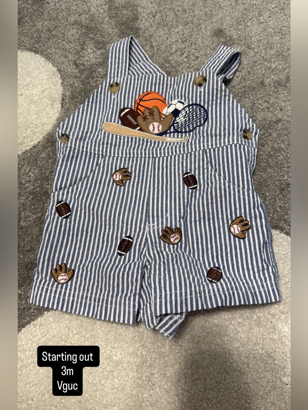Starting Out Blue & White Striped Sports Appliqué Overalls